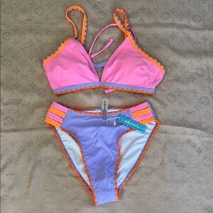 Popvil Colorblock Scalloped Trim Bikini — Pink & Lavender with Orange Accents